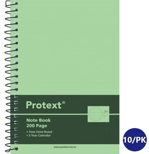 Light green Protext A6 side spiral Note Book, 200 Page, 7mm Feint Ruled with 3 Year Calendar printed on the dark green band and a 10 per pack badge