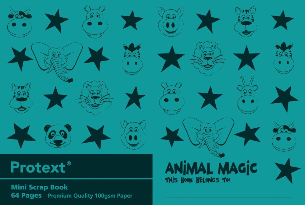 Teal landscape cover of the Protext Animal Magic Mini scrap book, 64 pages, 100gsm paper, with animal faces and stars