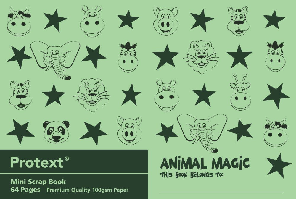 Green landscape cover of the Protext Animal Magic Mini scrap book with a giraffe, elephant, lion and panda among stars