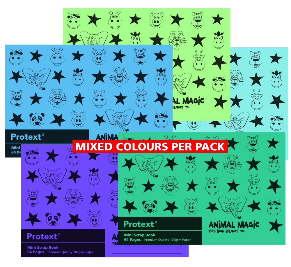 Five Protext Animal Magic Mini scrap book covers overlapping in mixed colours under a Mixed Colours Per Pack banner