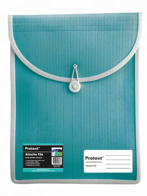 Aqua Protext attache file with a stripe finish and white trim, curved flap fastened with an elastic loop round a white button, product label and ruled Attache File panel