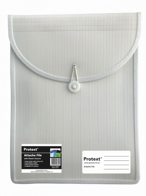 White Protext attache file with a fine striped body, curved flap bound in white trim, elastic loop over a button, product label and ruled Attache File panel