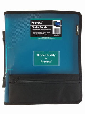 Protext Binder Buddy 2 ring zipper binder in translucent aqua with a Binder Buddy by Protext card in the front pocket and a black zipped lower section