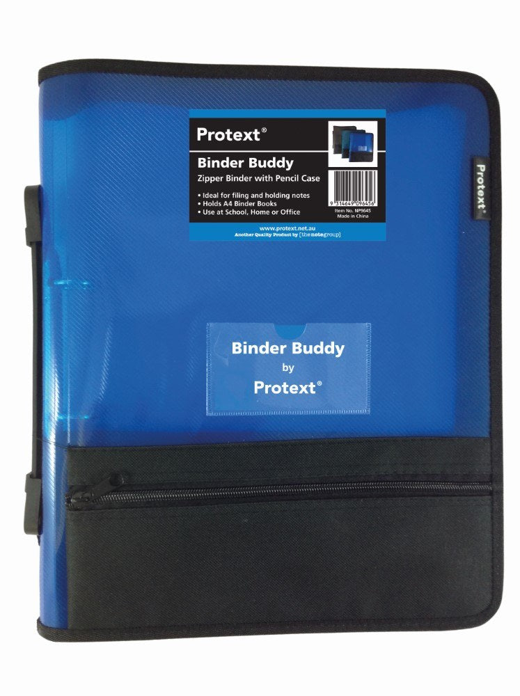 Royal blue Protext Binder Buddy 2 ring zipper binder with the product label, a Binder Buddy card in the clear pocket and a black zipped lower section