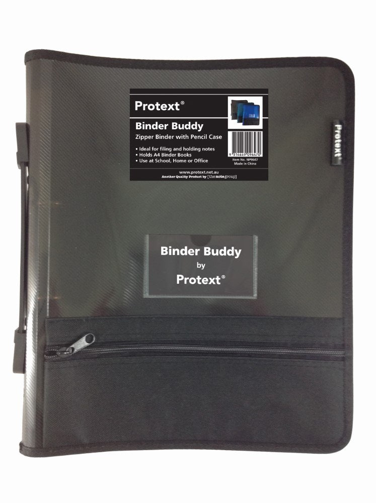 Smoke grey Protext Binder Buddy 2 ring zipper binder with the product label, a Binder Buddy by Protext card and a black zipped lower compartment