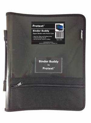 Smoke grey Protext Binder Buddy 2 ring zipper binder with the product label, a Binder Buddy by Protext card and a black zipped lower compartment