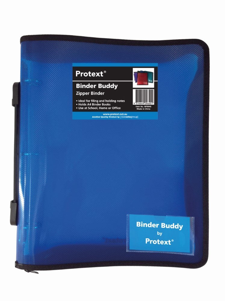Protext Binder Buddy zipper binder in translucent blue, closed, with a black zip edge, a handle on the left side and the product label and name card near the top and bottom