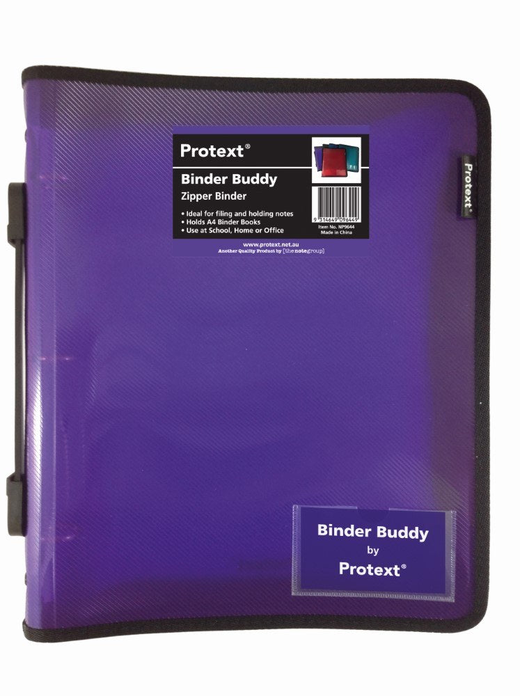 Purple Protext Binder Buddy zipper binder shown closed, with a translucent patterned cover, black zip trim, handle on the left and a Binder Buddy by Protext card in the front pocket