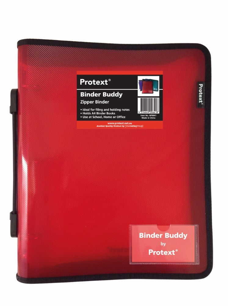 Red Protext Binder Buddy zipper binder photographed closed, showing the dark zip trim, side handle, black product label and a Binder Buddy by Protext card in the front pocket