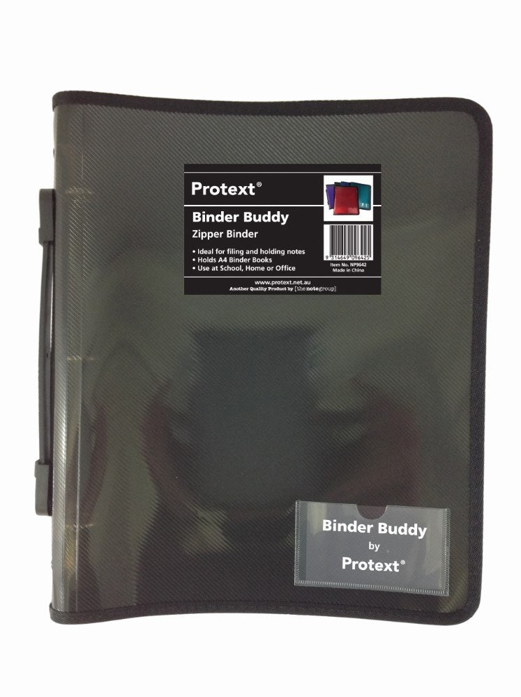 Smoke grey Protext Binder Buddy zipper binder, closed, with a translucent charcoal cover, black zip edging, a side handle and a Binder Buddy by Protext card in the front pocket