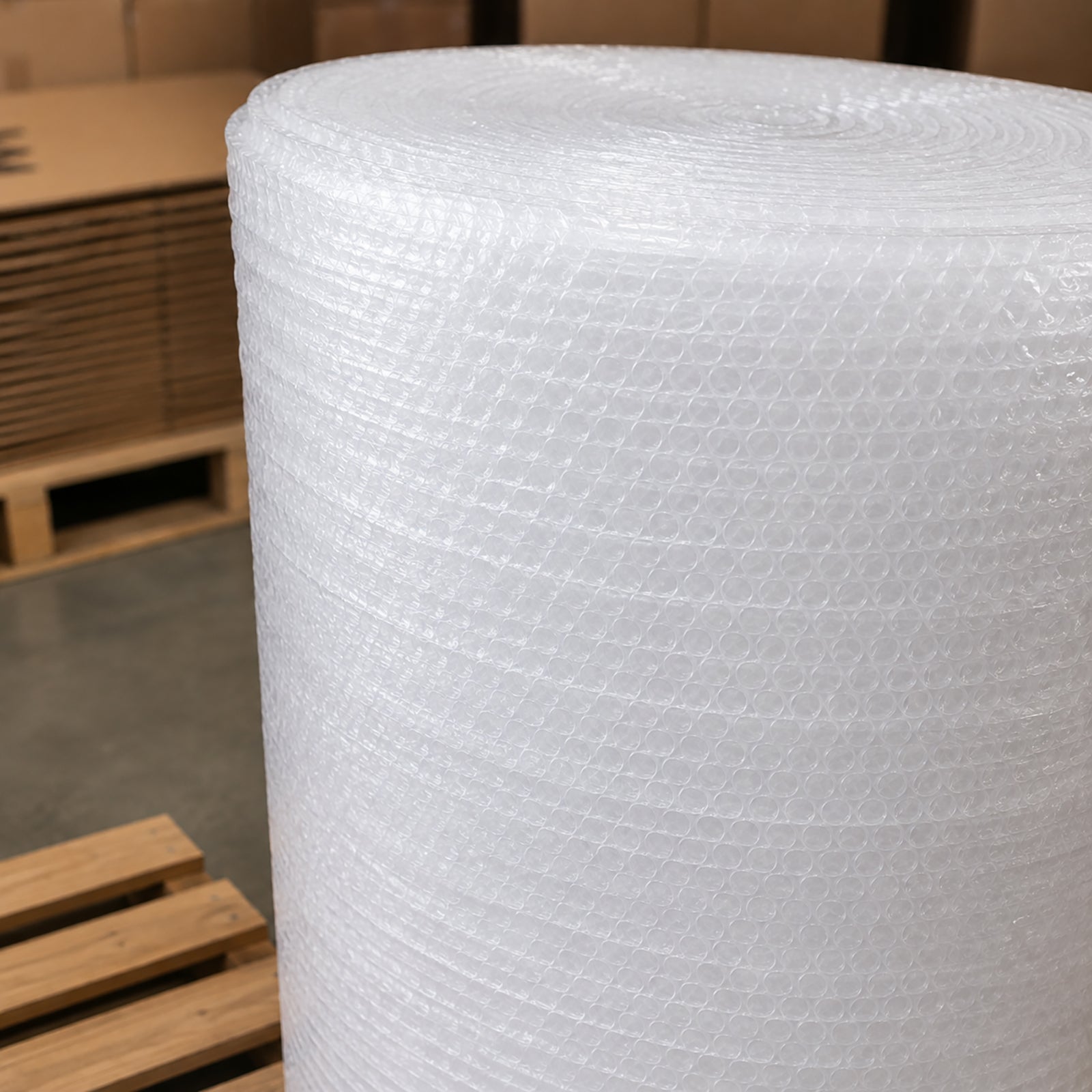 Close view of a jumbo Protext clear bubble wrap roll showing the tightly wound protective material and visible air cell construction. The warehouse setting with pallets and cartons reinforces its commercial packaging purpose, while the detailed view highlights the cushioning material designed for reliable protection and sustained air retention.