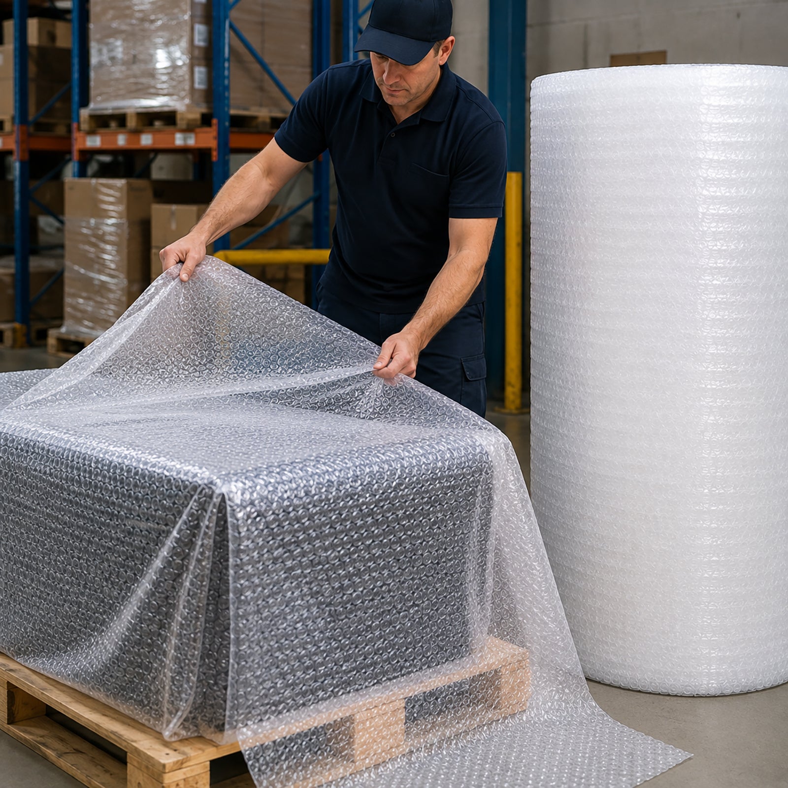 Warehouse worker applying clear Protext heavy duty industrial bubble wrap around a large piece of equipment positioned on a timber pallet. A substantial jumbo roll stands alongside the packing area, demonstrating the broad material coverage suited to protecting heavier and oversized products during warehouse handling, storage and longer transport cycles.