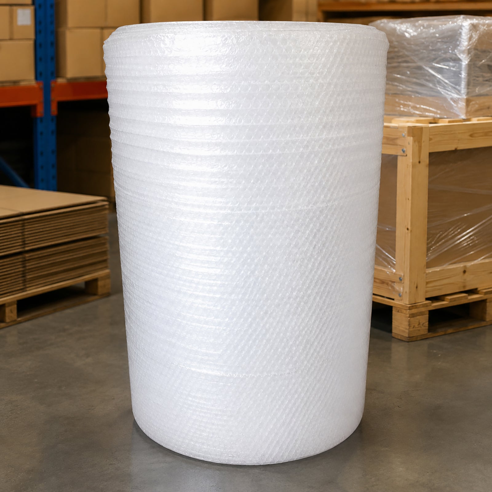 Large Protext industrial bubble wrap roll standing upright inside a warehouse packing environment. Stacked cartons, timber pallets and a protected load appear around the jumbo roll, illustrating its suitability for busy commercial packing stations where substantial quantities of protective cushioning are required for larger or heavier goods.