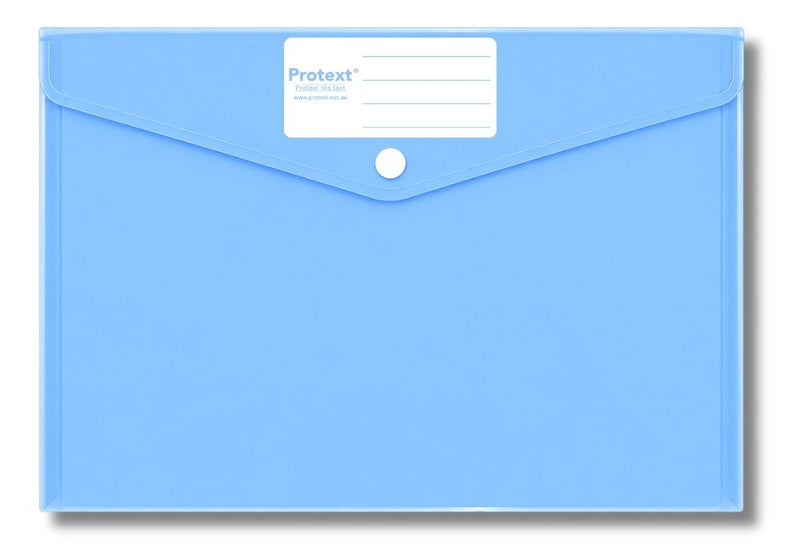 Product render of the blue Protext button document wallet NP9588 with a V flap, white stud and ruled white write-on panel printed Protext