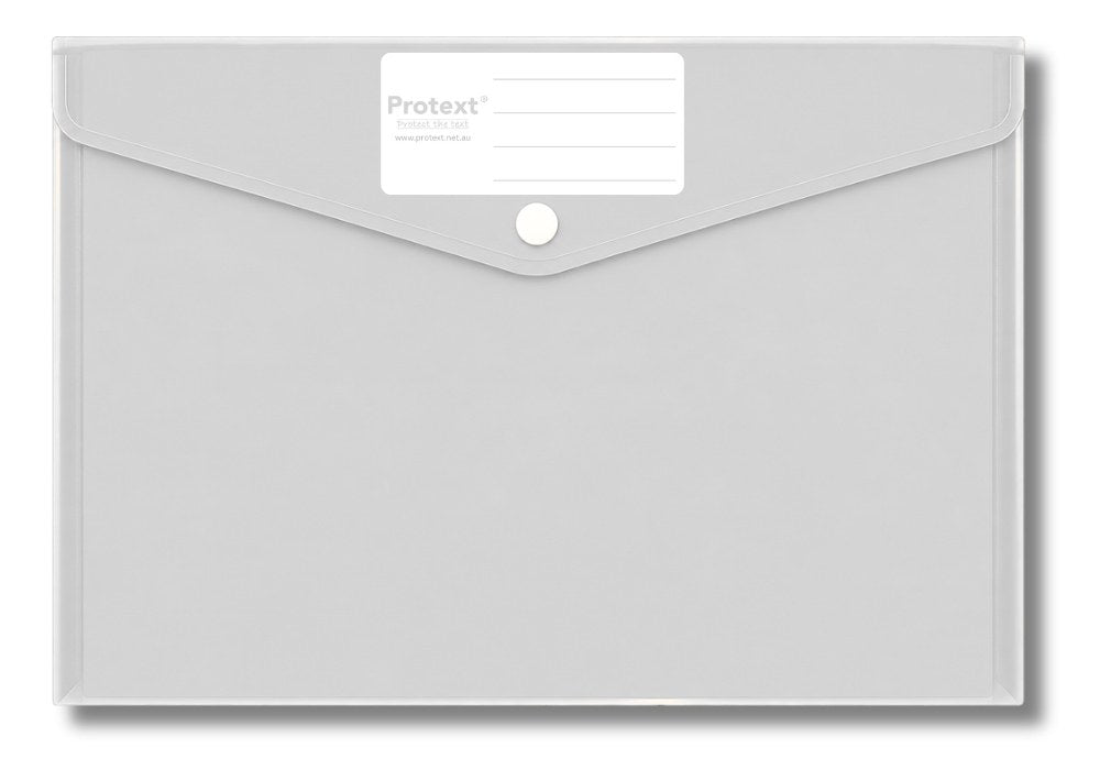 Product render of the clear Protext button document wallet NP9587 showing the V shaped flap, round stud and white write-on panel with ruled lines
