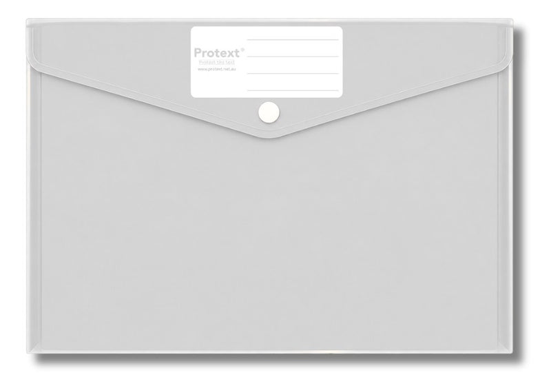 Product render of the clear Protext button document wallet NP9587 showing the V shaped flap, round stud and white write-on panel with ruled lines