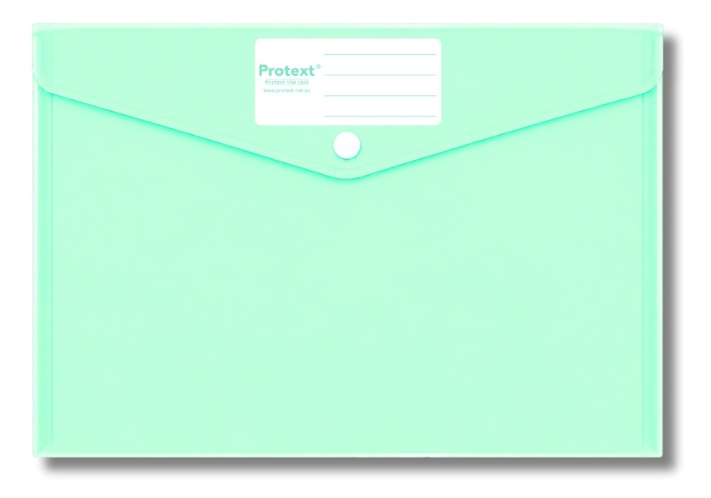 Product render of the Protext button document wallet NP9591 in mint green, showing the flap, stud and white ruled write-on panel