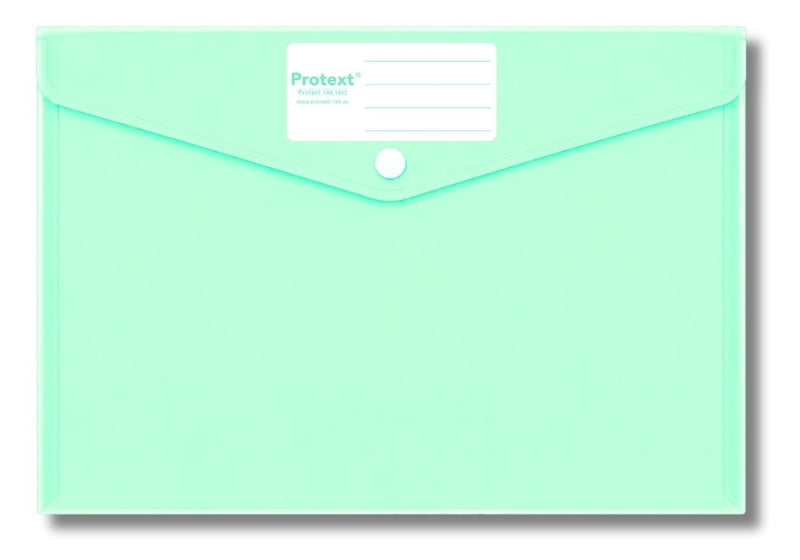 Product render of the Protext button document wallet NP9591 in mint green, showing the flap, stud and white ruled write-on panel