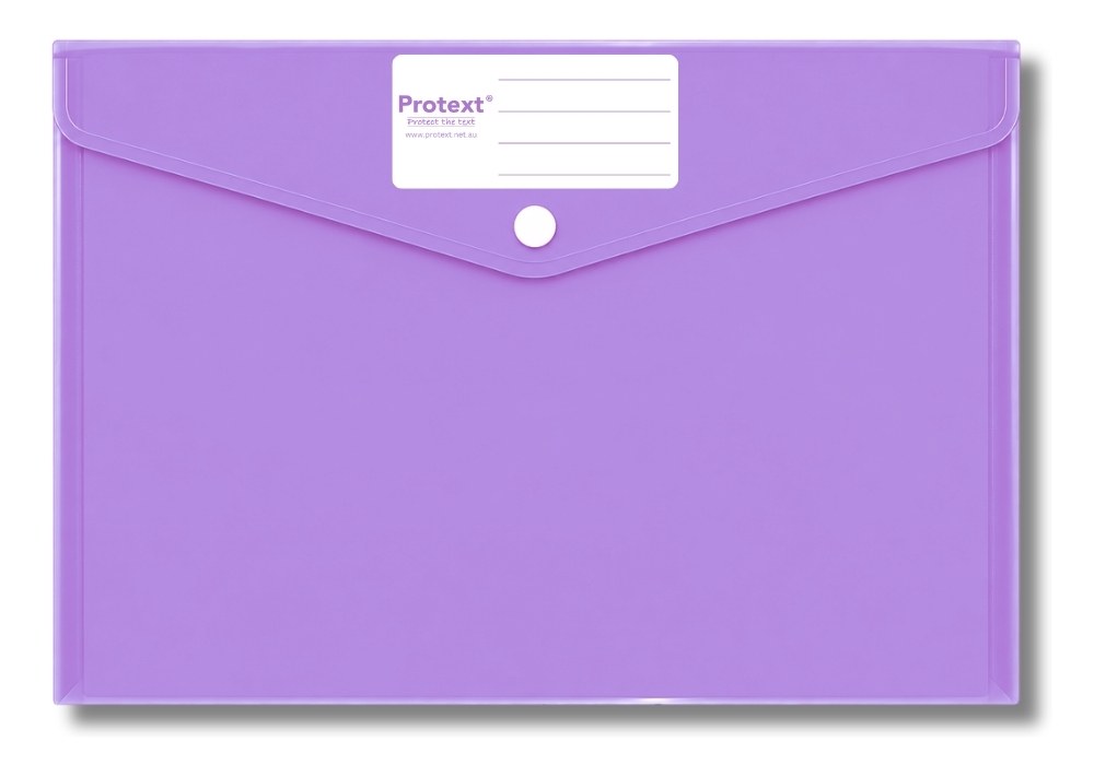 Product render of the purple Protext button document wallet NP9589, a V shaped flap with a round white stud and a ruled white name panel