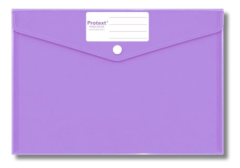 Product render of the purple Protext button document wallet NP9589, a V shaped flap with a round white stud and a ruled white name panel