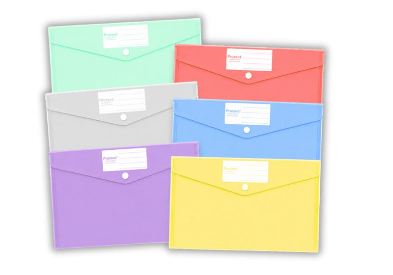 Protext button document wallets in six colours overlapping on white: mint green, red, clear, blue, purple and yellow, each with a name panel