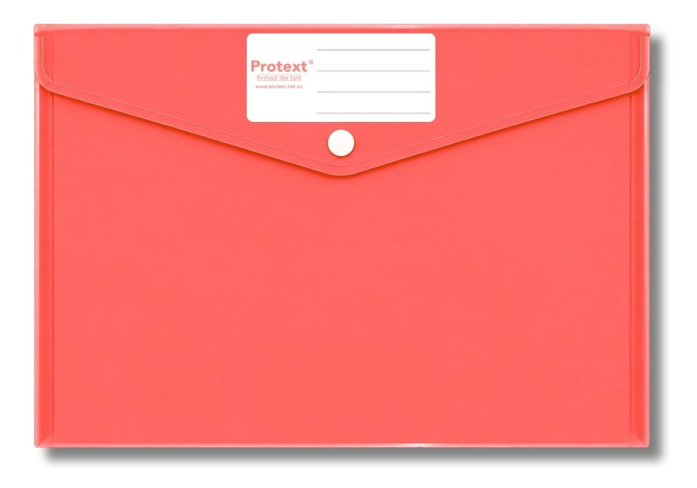 Red translucent Protext document wallet laid flat with its V flap closed by a white press button and a white Protext label panel with ruled lines