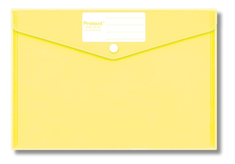 Lemon yellow translucent Protext document wallet lying flat, flap closed with a white press stud and a white Protext name panel with writing lines