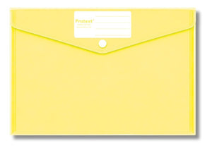 Lemon yellow translucent Protext document wallet lying flat, flap closed with a white press stud and a white Protext name panel with writing lines