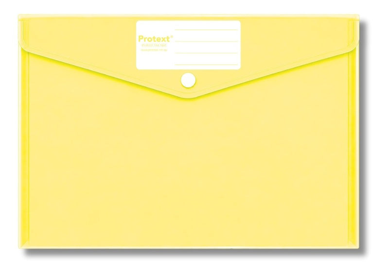 Lemon yellow translucent Protext document wallet lying flat, flap closed with a white press stud and a white Protext name panel with writing lines