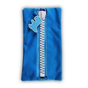 Blue Protext character pencil case upright with a thick white zip down the centre and a light blue dragon charm on the zip pull