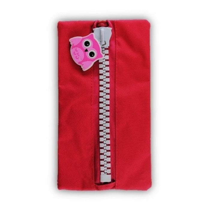 Magenta Protext character pencil case standing upright with a long white zip down the centre and a pink owl charm hanging from the pull
