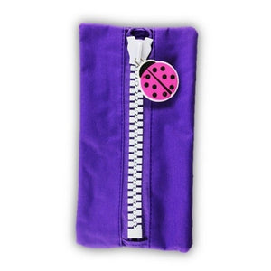 Purple Protext character pencil case with a white zip running top to bottom and a round pink ladybird charm with black spots on the pull