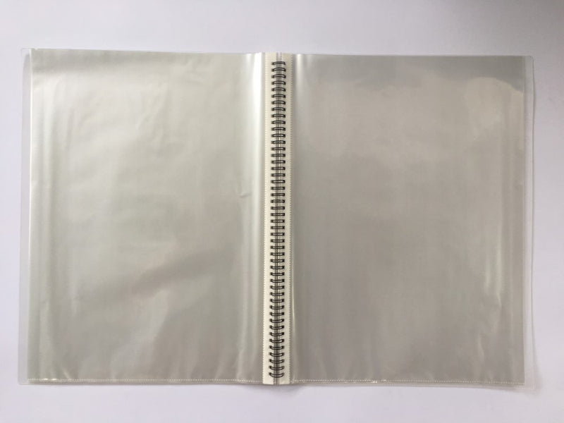 Protext A3 twin wire display book opened at the spine, showing clear pockets on both sides of the silver wire binding