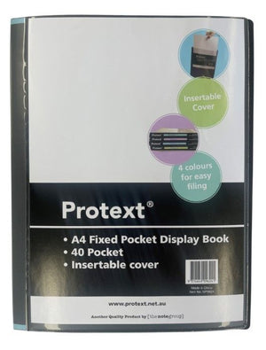 Protext A4 display book with a black cover and printed insert reading A4 Fixed Pocket Display Book, 40 Pocket, Insertable cover