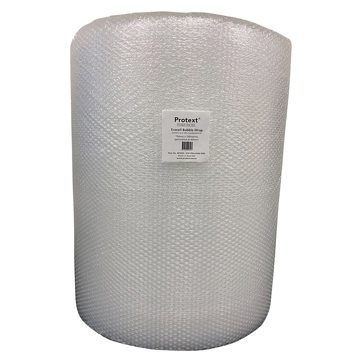 Clear Protext bubble wrap roll on white with its label reading Ecocell Bubble Wrap, 750mm x 100metres, perforated at 400mm, item NP9356