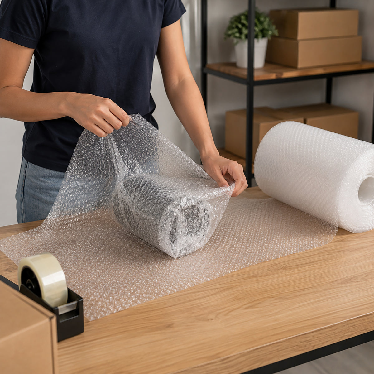 Illustrative scene of a person wrapping a cylindrical object in clear bubble wrap on a desk next to a tape dispenser and a roll