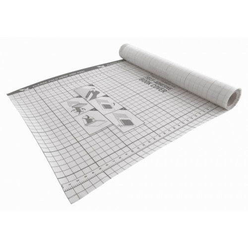 Protext Everyday clear book cover partly unrolled to show the grey printed grid, numbered scale and illustrated application steps on the backing paper