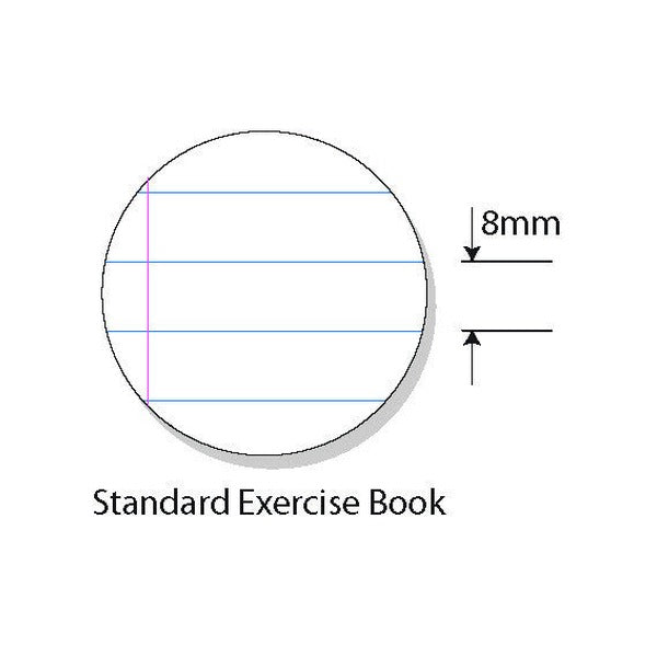 Circular close-up drawing of standard exercise book ruling marked 8mm between lines, with a margin line on the left