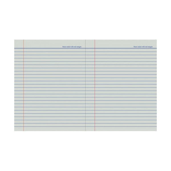 Protext exercise book lying open on 8mm feint ruled pages with a red margin line on each side