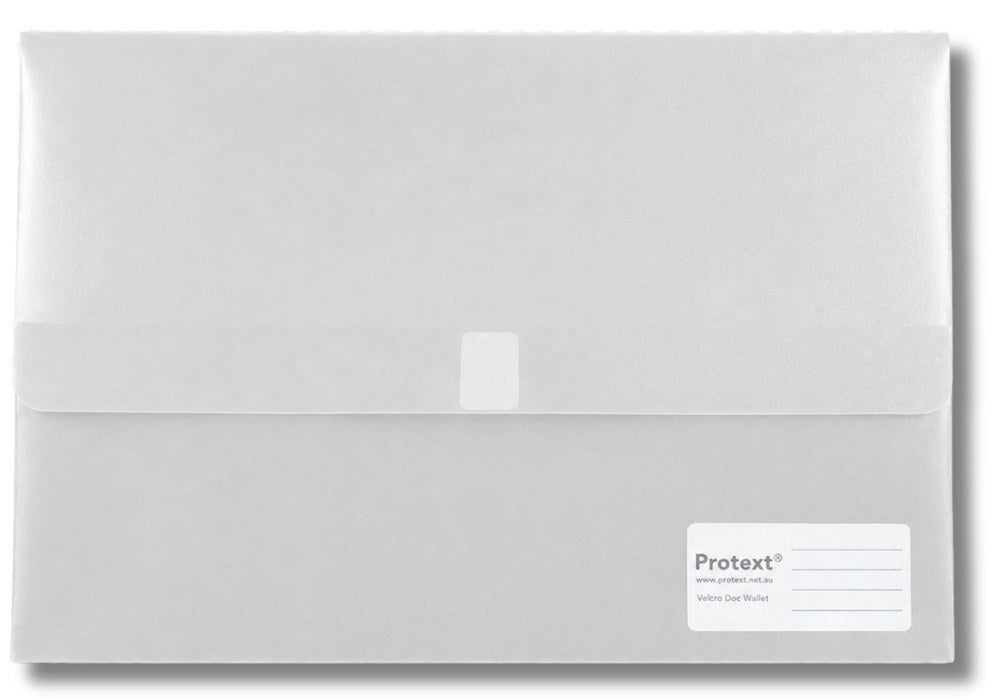 Frosted clear Protext foolscap document wallet with a long top flap, a square fastening tab at the centre and a white Protext label panel in the lower right corner
