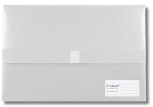 Frosted clear Protext foolscap document wallet with a long top flap, a square fastening tab at the centre and a white Protext label panel in the lower right corner