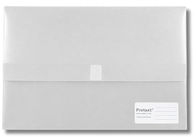 Frosted clear Protext foolscap document wallet with a long top flap, a square fastening tab at the centre and a white Protext label panel in the lower right corner