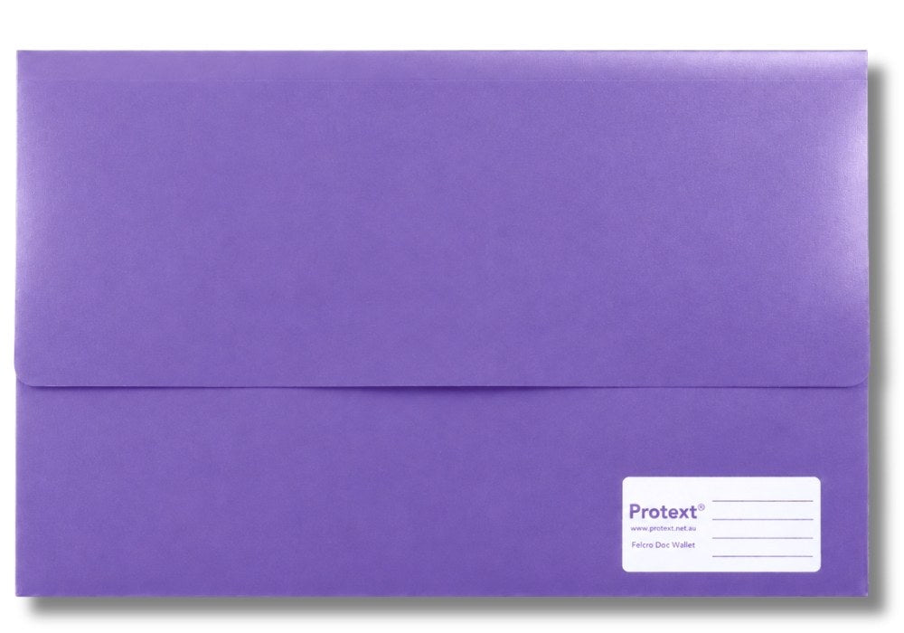 Purple Protext foolscap document wallet shown closed, with a long top flap and a white Protext label panel with purple writing lines in the lower right corner