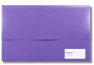 Purple Protext foolscap document wallet shown closed, with a long top flap and a white Protext label panel with purple writing lines in the lower right corner