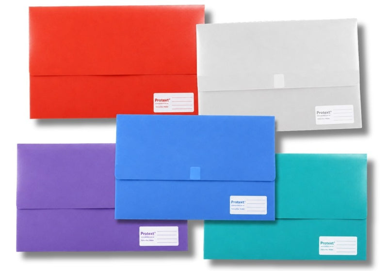 Overlapping group of Protext foolscap Velcro wallets in red, clear, purple, blue and teal green on a white background