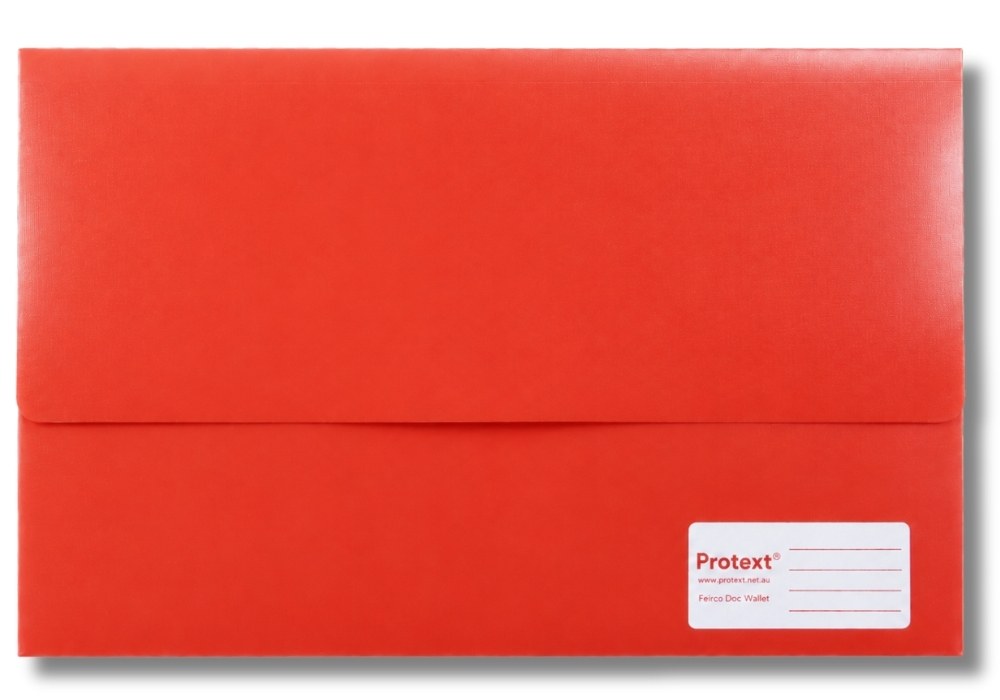 Bright red Protext foolscap document wallet with the full width flap closed and a white Protext label panel with red writing lines in the lower right corner