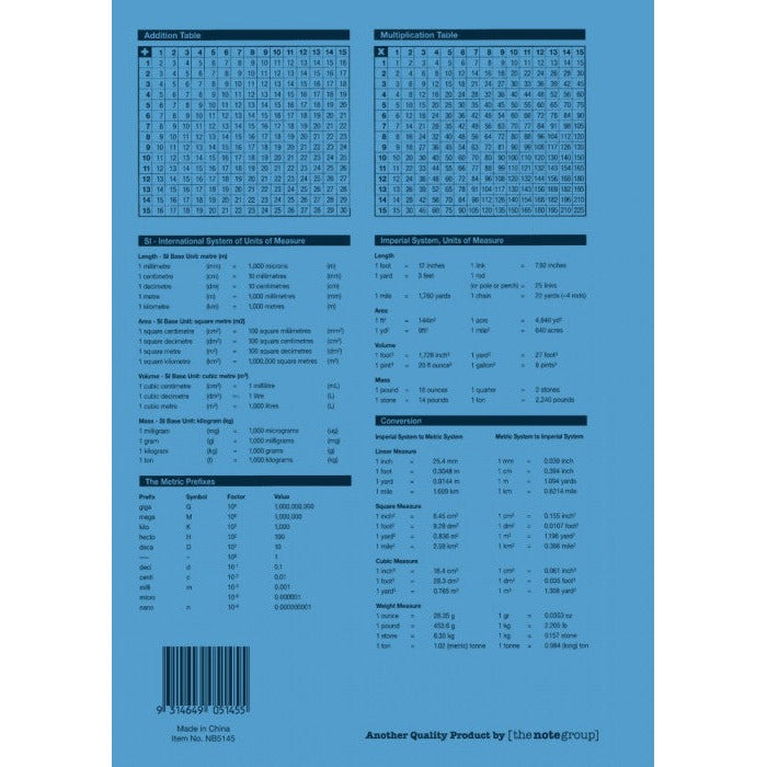 Blue back cover of Protext NB5145 showing addition and multiplication tables, units of measure and a barcode