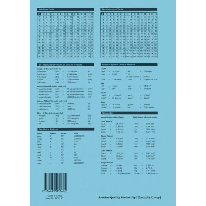 Light blue back cover of Protext NB5146 with maths tables, units of measure and a barcode panel