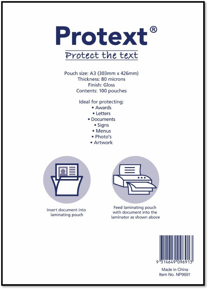 Back of the Protext A3 pouch box printing size 303 x 426mm, 80 microns, gloss finish, 100 pouches, how to use pictograms, barcode and Made in China