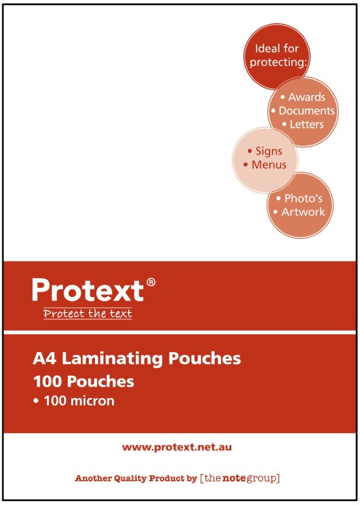 Front of the current red Protext box of 100 A4 laminating pouches marked 100 micron, with circles listing awards, signs, menus, photos and artwork